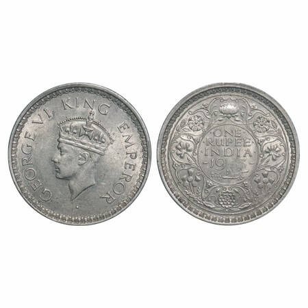 George VI, Half Silver, Rupee, 1943, Bombay Mint, A(b)/III, Diamond, Security edge, Large 