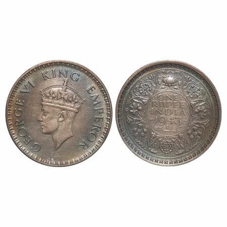 George VI, Half Silver, Rupee, 1943, Bombay Mint, A(b)/III, Diamond, Security edge, Large 