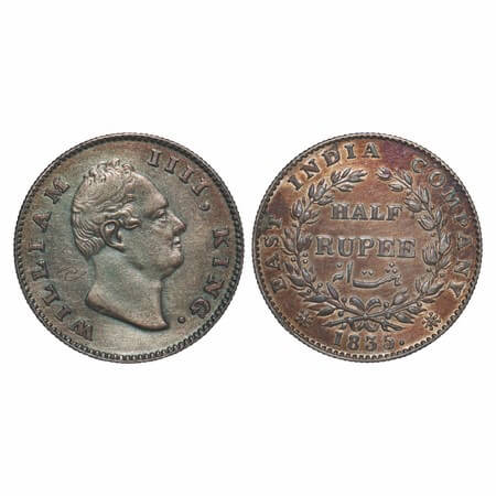 William IV, Silver, Half Rupee, 1835, Calcutta Mint, A/I(ii), 'F' incused, With Two leaves