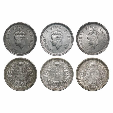 George VI, Half Silver, Rupee, 1943, (3 coins), Bombay Mint, 1 & 2) C/II,Diamond, Security