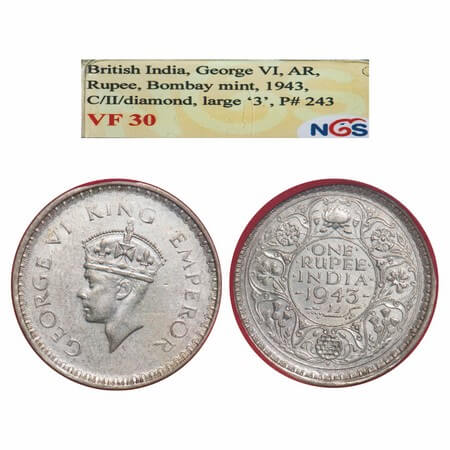 George VI, Half Silver, Rupee, 1943, Bombay Mint, C/III, Diamond, Security edge, Large 3. 
