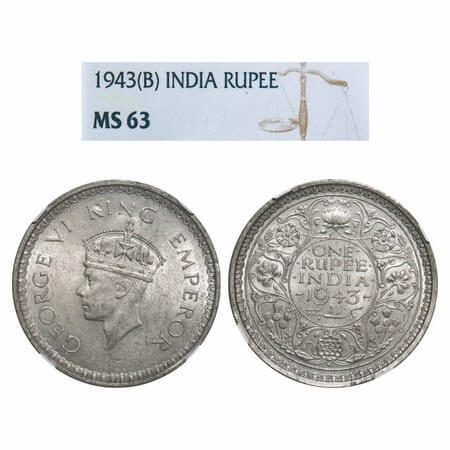 George VI, Half Silver, Rupee, 1943, Bombay Mint, C/III, Diamond, Security edge, Large 3. 