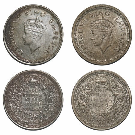 George VI, Half Silver, Rupee, 1944, (2 coins), Bombay Mint, 1) C/III, Diamond, Security e