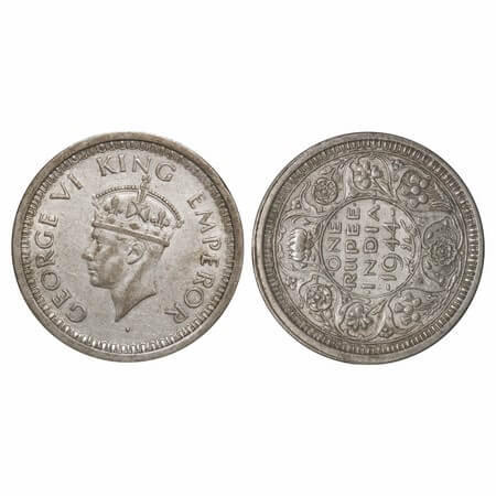 George VI, Half Silver, Rupee, 1944, Bombay Mint, D/II, Dot, Security edge, 9'o clock on R