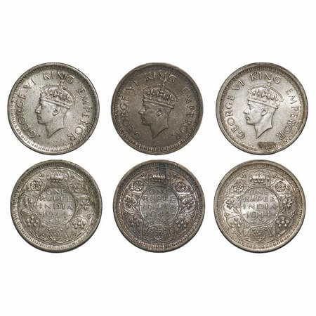 George VI, Half Silver, Rupee, 1944, (3 coins), Lahore Mint, 1 & 2) D/II, 'L' raised, Secu