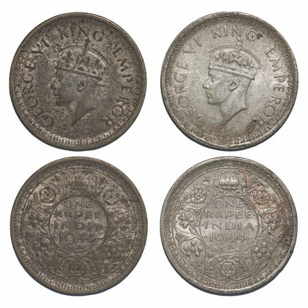 George VI, Half Silver, Rupee, 1944, (2 coins), Lahore Mint, 1) D/II, 'L' raised, Security