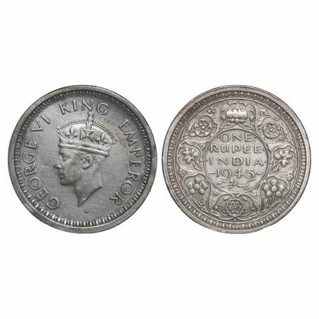 George VI, Half Silver, Rupee, 1945, Bombay Mint, D/II, Dot, Security edge, Normal 5. F. P