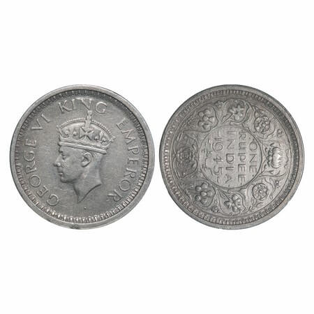 George VI, Half Silver, Rupee, 1945, Bombay Mint, D/II, Dot, Security edge, Normal 5, 3'o 