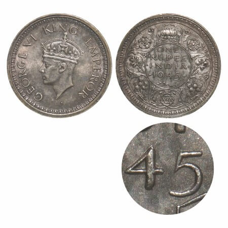 George VI, Half Silver, Rupee, 1945, Bombay Mint, D/II, Dot, Security edge, Large 5. F. Pr