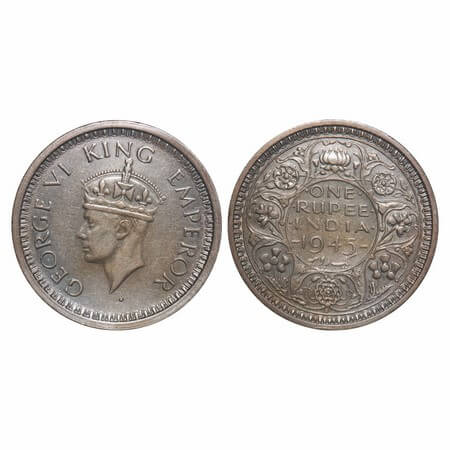 George VI, Half Silver, Rupee, 1945, Bombay Mint, D/II, Dot, Security edge, Large 5, Big d