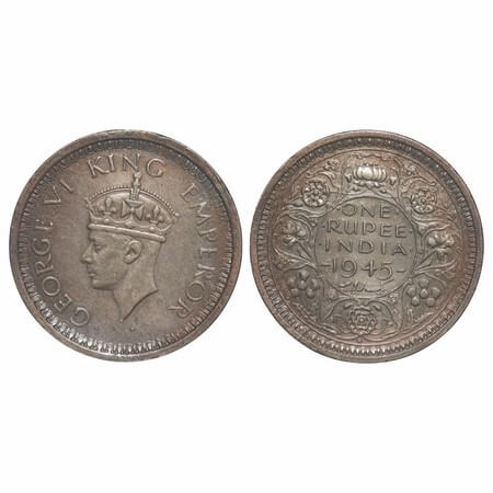 George VI, Half Silver, Rupee, 1945, Bombay Mint, D/II, Dot, Security edge, Large 5, Big d