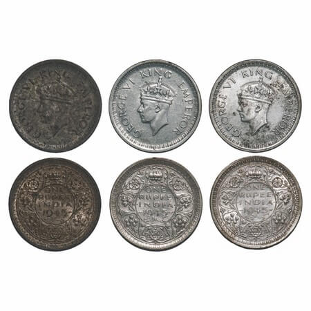 George VI, Half Silver, Rupee, 1945, (3 coins), Lahore Mint, 1 & 2) D/II, 'L' raised, Secu