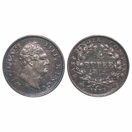 William IV, Silver, 1/4 Rupee, 1835, Calcutta Mint, A/II, 'F' incused, Large and thick siz