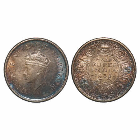 George VI, Silver, Half Rupee, 1938, Bombay Mint, A/I, Dot, Head Type I, Milleed edge. F.