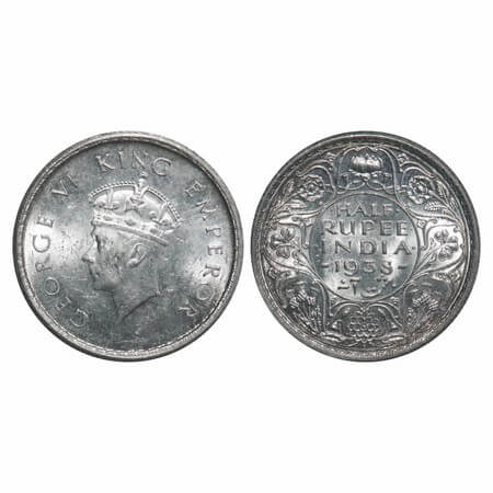 George VI, Silver, Half Rupee, 1938, Bombay Mint, A/I, Dot, Head Type I, Milleed edge. F. 