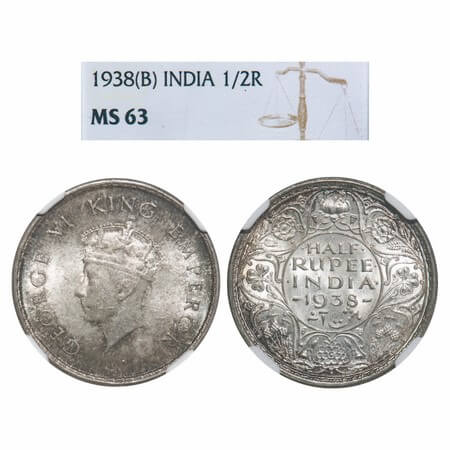 George VI, Silver, Half Rupee, 1938, Bombay Mint, A/I, Dot, Head Type I, Milled edge. F. P