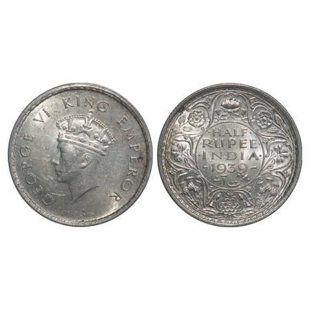 George VI, Silver, Half Rupee, 1939, Bombay Mint, A/I, Dot, Head Type I, Milled edge. F. P