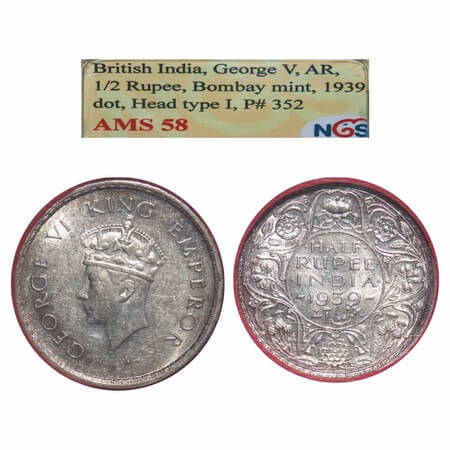 George VI, Silver, Half Rupee, 1939, Bombay Mint, A/I, Head Type I, Dot, Milled edge, Larg
