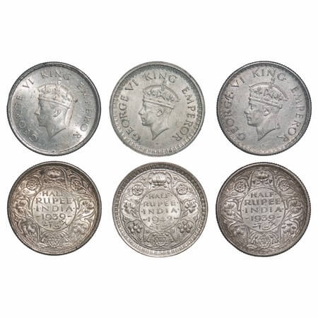 George VI, Mix-Metal, Half Rupee, (3 coins), 1) Silver, 1939, Bombay Mint, A/I, Dot, Head