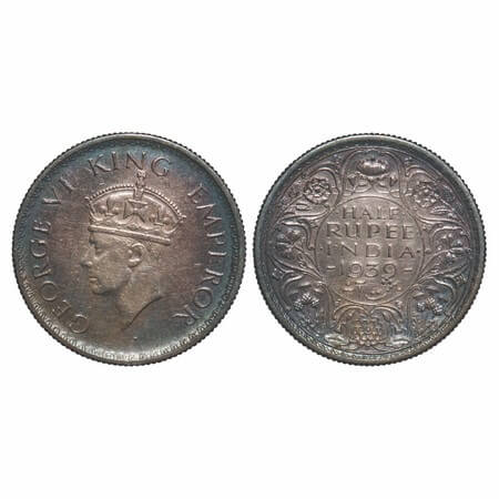 George VI, Silver, Half Rupee, 1939, Bombay Mint, A(a)/I, Dot, Head Type II, Milled edge. 