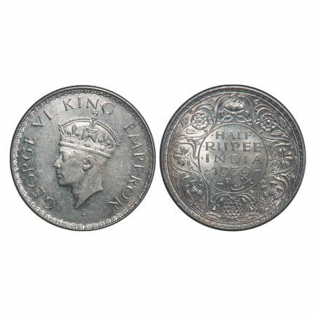 George VI, Silver, Half Rupee, 1939, Calcutta Mint, A(a)/I, No dot, Head Type II, Milled e