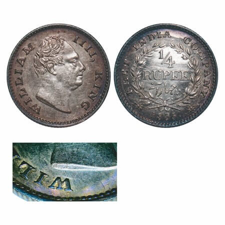 William IV, Silver, 1/4 Rupee, 1835, Calcutta Mint, A/III, 'F' raised, Large and thick siz
