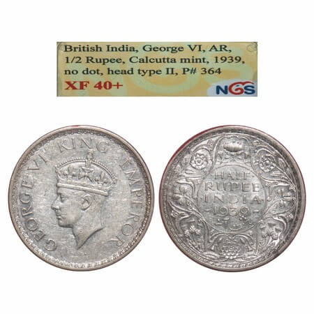 George VI, Silver, Half Rupee, 1939, Calcutta Mint, A(a)/I, No dot, Head Type II, Milled e