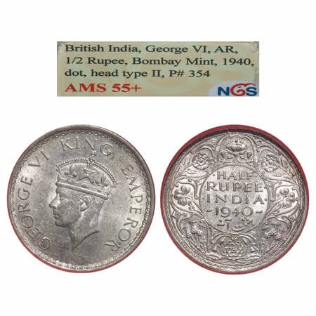 George VI, Half Silver, Half Rupee, 1940, Bombay Mint, A(a)/I, Head Type II, Dot, Milled e