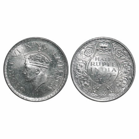 George VI, Half Silver, Half Rupee, 1940, Calcutta Mint, A(a)/I, No dot, Head Type II, Mil
