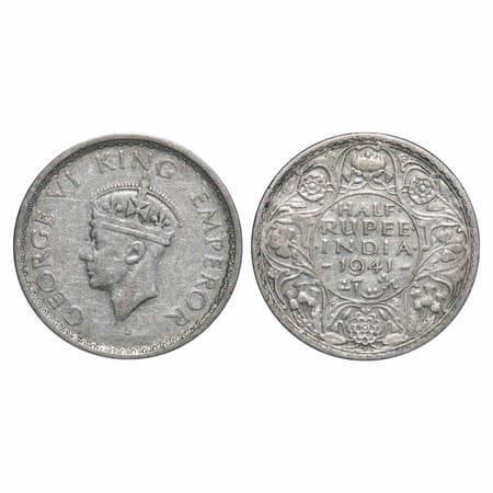 George VI, Half Silver, Half Rupee, 1941, Bombay Mint, A(a)/I, Dot, Head Type II, Security