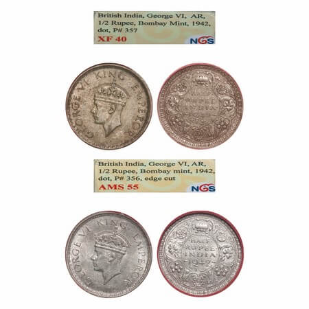 George VI, Half Silver, Half Rupee, 1942, (2 slabs), 1) Bombay Mint, A(a)/II, Dot, Head Ty