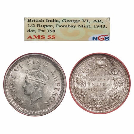 George VI, Half Silver, Half Rupee, 1943, Bombay Mint, B/II, Head Type II, Dot, Security e