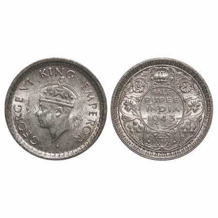 George VI, Half Silver, Half Rupee, 1943, Lahore Mint, B/II, Head Type II, 'L' raised, Sec