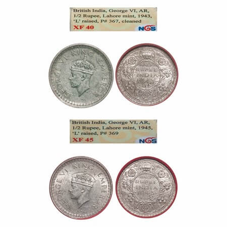 George VI, Half Silver, Half Rupee, Lahore Mint, (2 slabs), 1) 1943, B/II, Head Type II, '