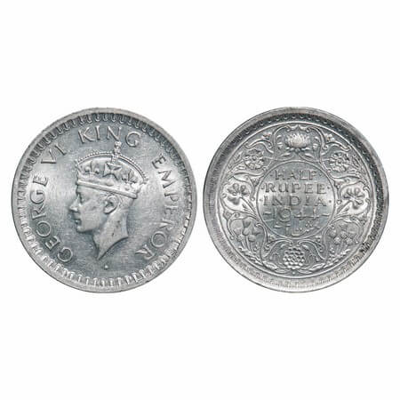 George VI, Half Silver, Half Rupee, 1944, Bombay Mint, B/III, Dot, Head Type II, Security 