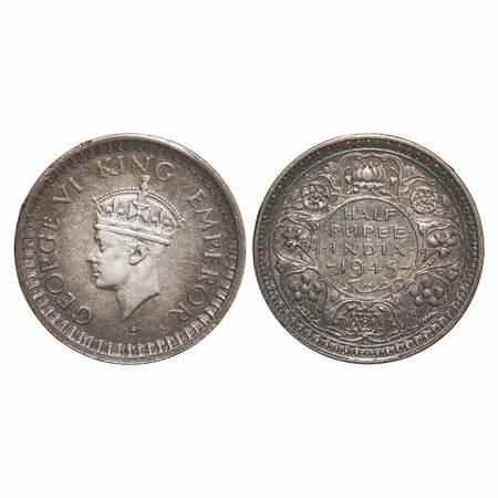 George VI, Half Silver, Half Rupee, 1945, Bombay Mint, B/II, Dot, Head Type II, Security e