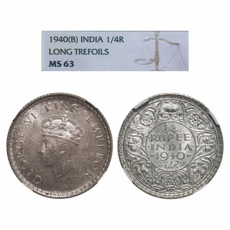 George VI, Half Silver, 1/4 Rupee, 1940, Bombay Mint, Dot, Head Type I, Rev I, Milled edge