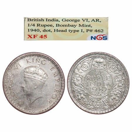 George VI, Half Silver, 1/4 Rupee, 1940, Bombay Mint, Dot, Head Type I, Rev I, Milled edge