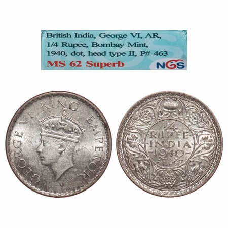 George VI, Half Silver, 1/4 Rupee, 1940, Bombay Mint, Dot, Head Type II, Rev I, Milled edg