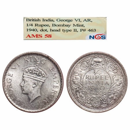 George VI, Half Silver, 1/4 Rupee, 1940, Bombay Mint, Dot, Head Type II, Rev I, Milled edg