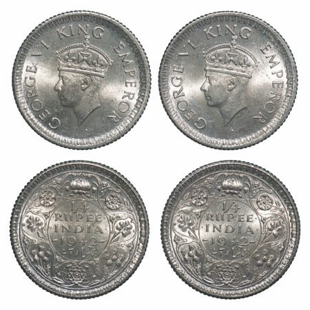 George VI, Half Silver, 1/4 Rupee, (2 coins), 1942, Calcutta Mint, Head Type II, Rev II, N