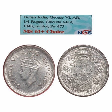 George VI, Half Silver, 1/4 Rupee, 1943, Calcutta Mint, No dot, Head Type II, Rev II, Mill