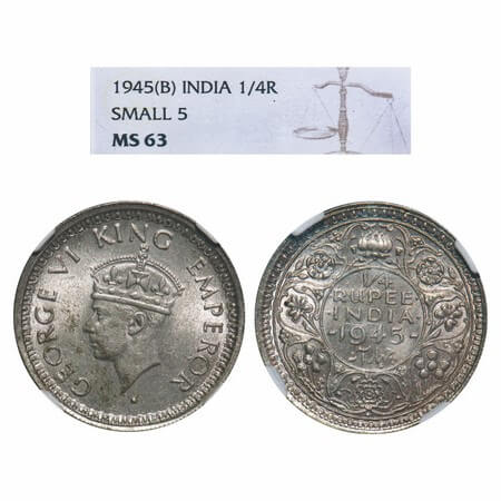 George VI, Half Silver, 1/4 Rupee, 1945, Bombay Mint, Dot, Head Type II, Rev II, Security 