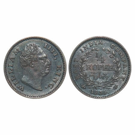 William IV, Silver, 1/4 Rupee, 1835, Calcutta Mint, A/III, 'F' raised, Large and thick siz