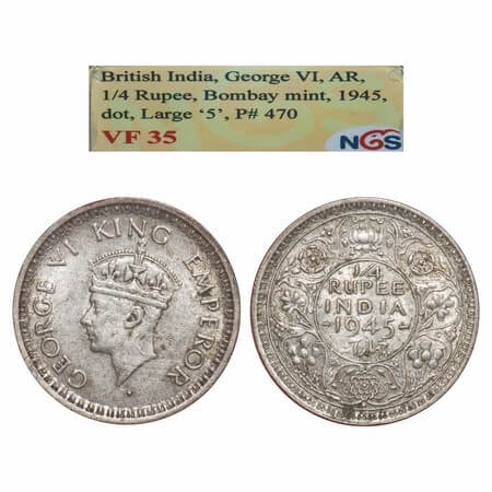 George VI, Half Silver, 1/4 Rupee, 1945, Bombay Mint, Dot, Head Type II, Rev II, Security 