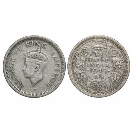 George VI, Half Silver, 1/4 Rupee, 1945, Bombay Mint, Head Type II, Rev II, Dot, Large dot