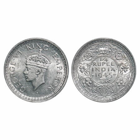 George VI, Half Silver, 1/4 Rupee, 1945, Bombay Mint, Dot, Head Type II, Rev II, Secuirty 