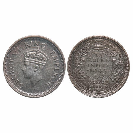 George VI, Half Silver, 1/4 Rupee, 1945, Lahore Mint, Head Type II, Rev II, 'L' raised, Se