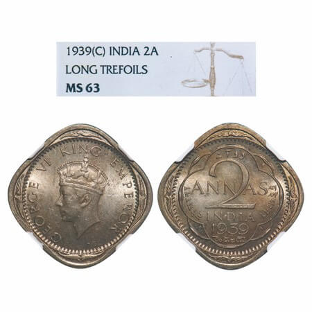 George VI, Copper-Nickel, 2 Annas, 1939, Calcutta Mint, No dots by year, Head Type I. F. P