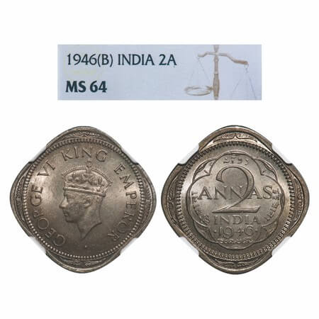 George VI, Copper-Nickel, 2 Annas, 1946, Bombay Mint, Dots by year, Head Type II. F. Prid 